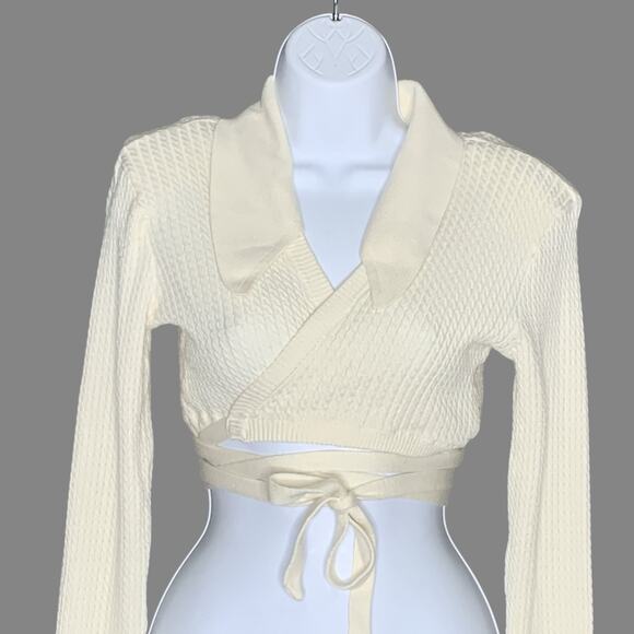 DANIELLE BERNSTEIN L NEW Knit Wrap Top Ivory Cableknit Crisscross - Picture 5 of 9